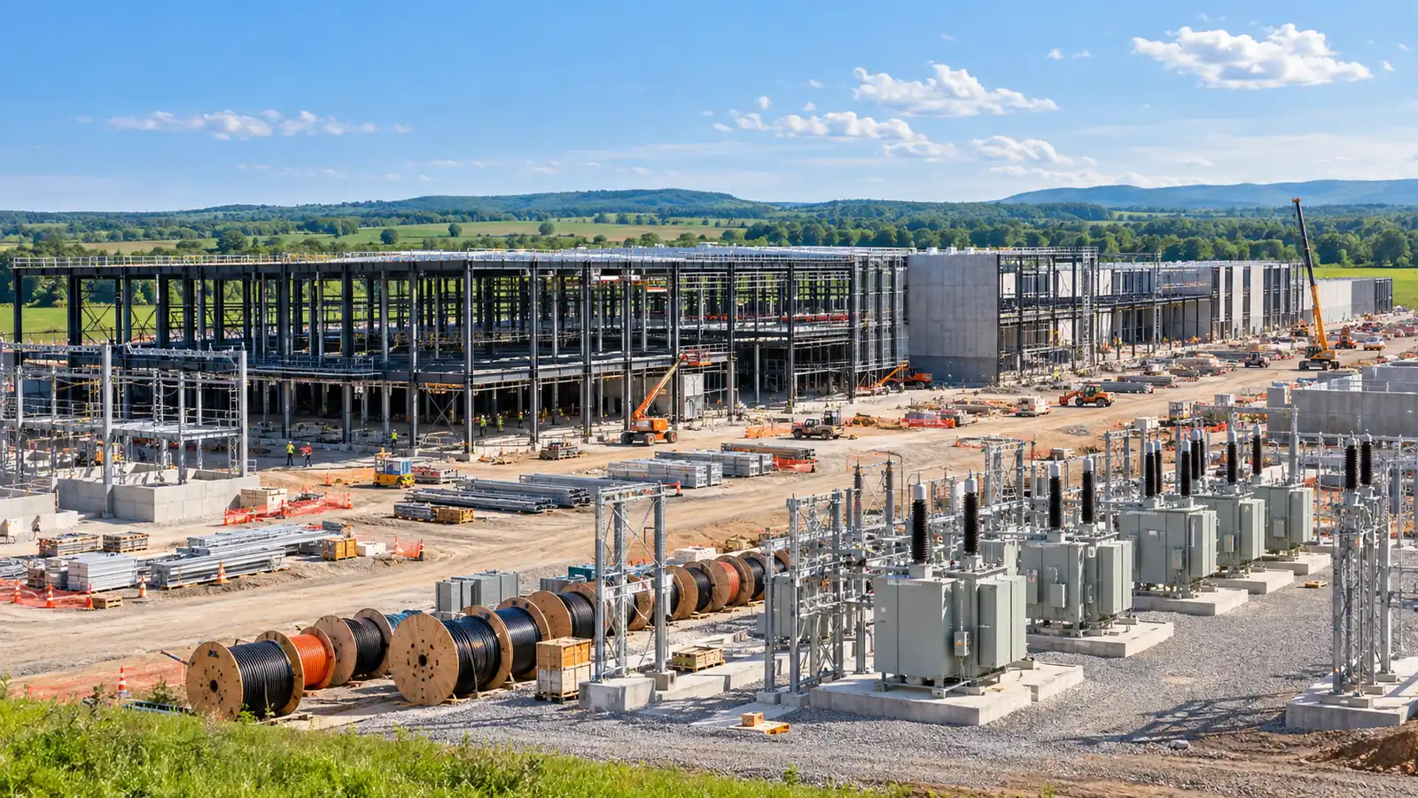 A half-built data center with unconnected substation gear and cable drums on a sunny day