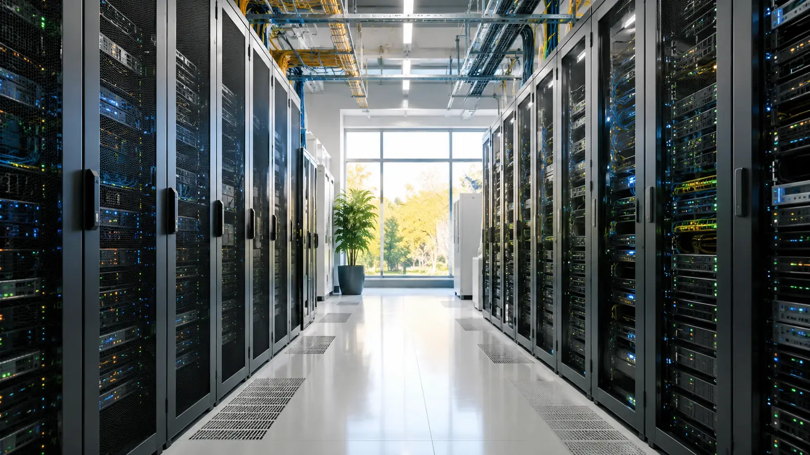 A wide aisle in a clean server room with hardware on both sides and daylight from a window at the far end
