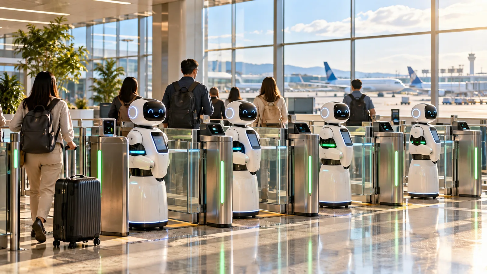 햇살 드는 공항 출입국 게이트 앞에 줄 선 작은 흰색 로봇들