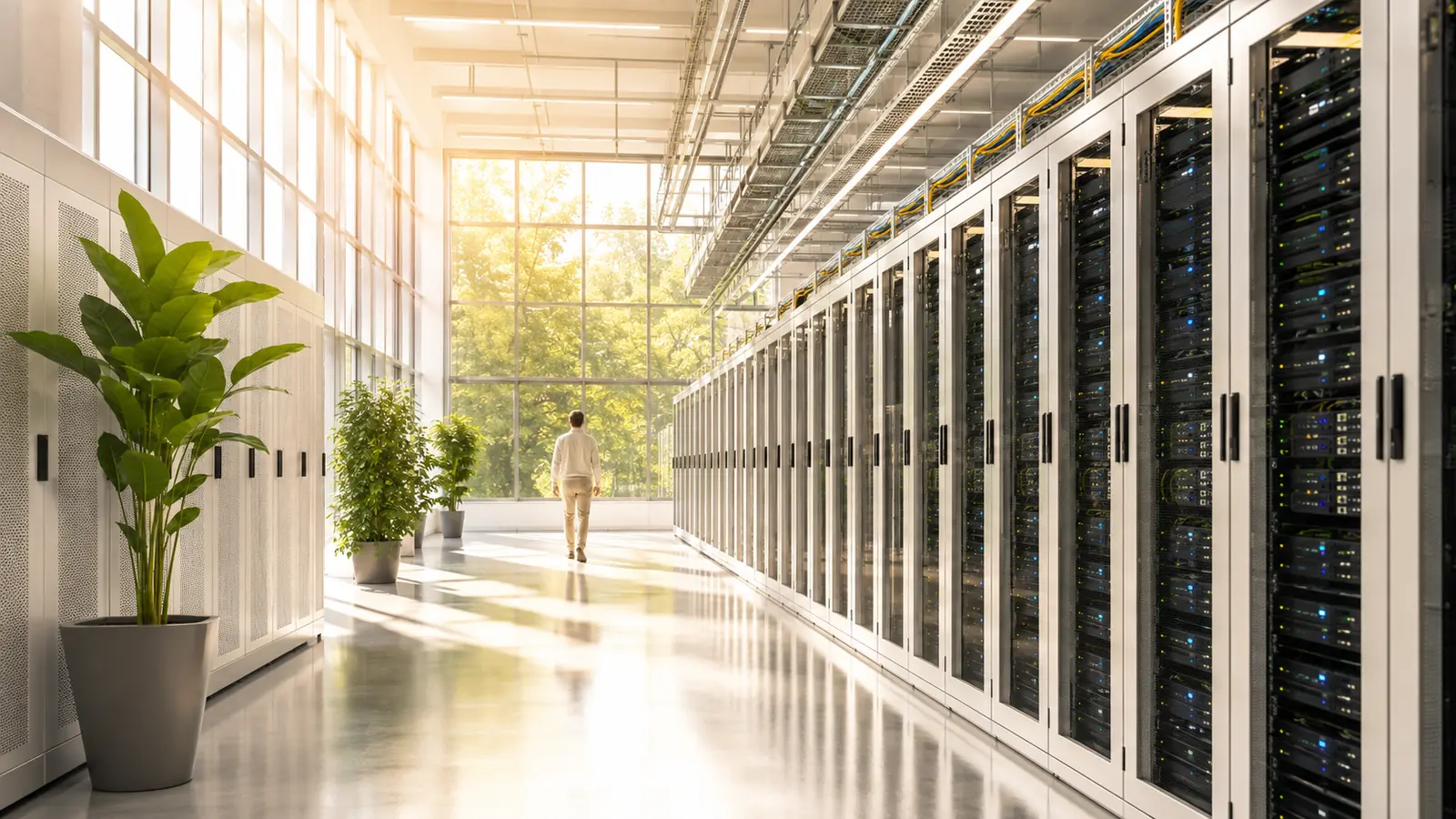 A spacious data centre hall in warm daylight with long aisles and a technician far in the distance