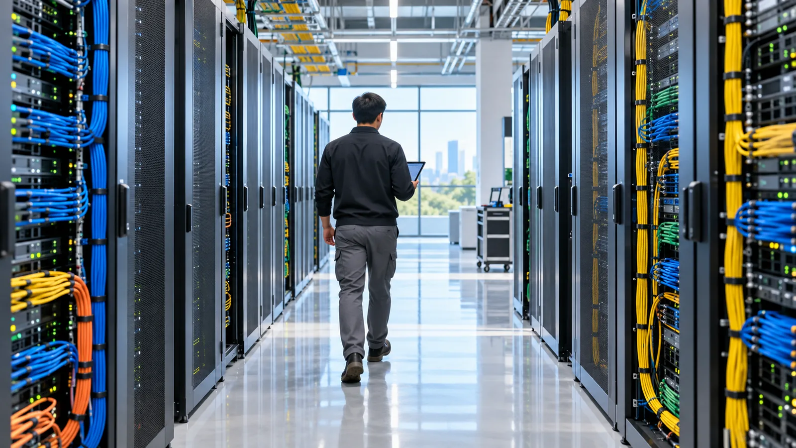 A technician seen from behind walking with a tablet between bright server racks