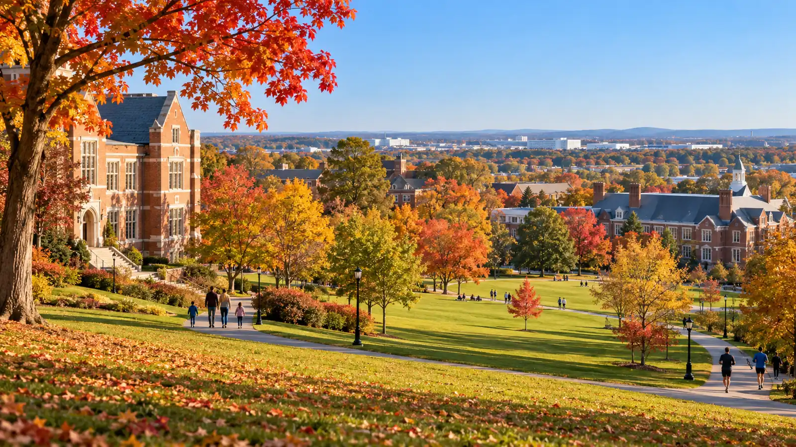 An autumn suburban campus lawn with low white industrial buildings in the distance