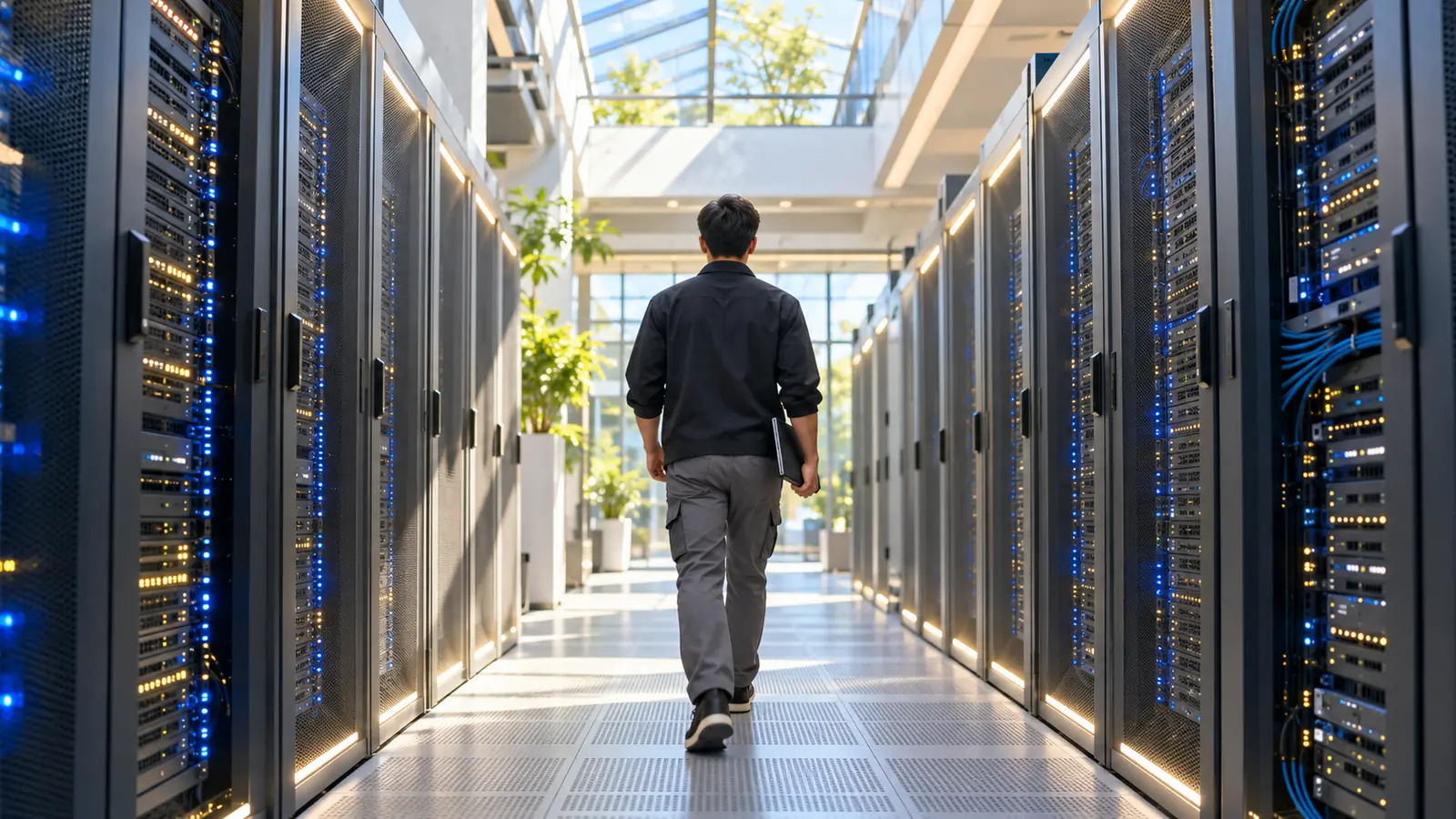 A technician seen from behind walking down a data center aisle lit by a skylight