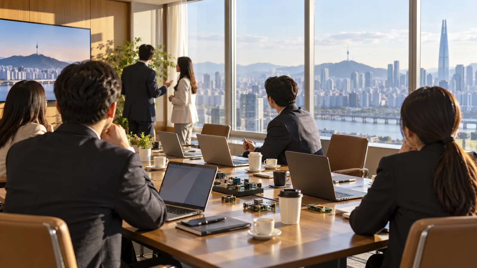 People seen from behind talking over circuit board samples in a Seoul meeting room with a skyline view