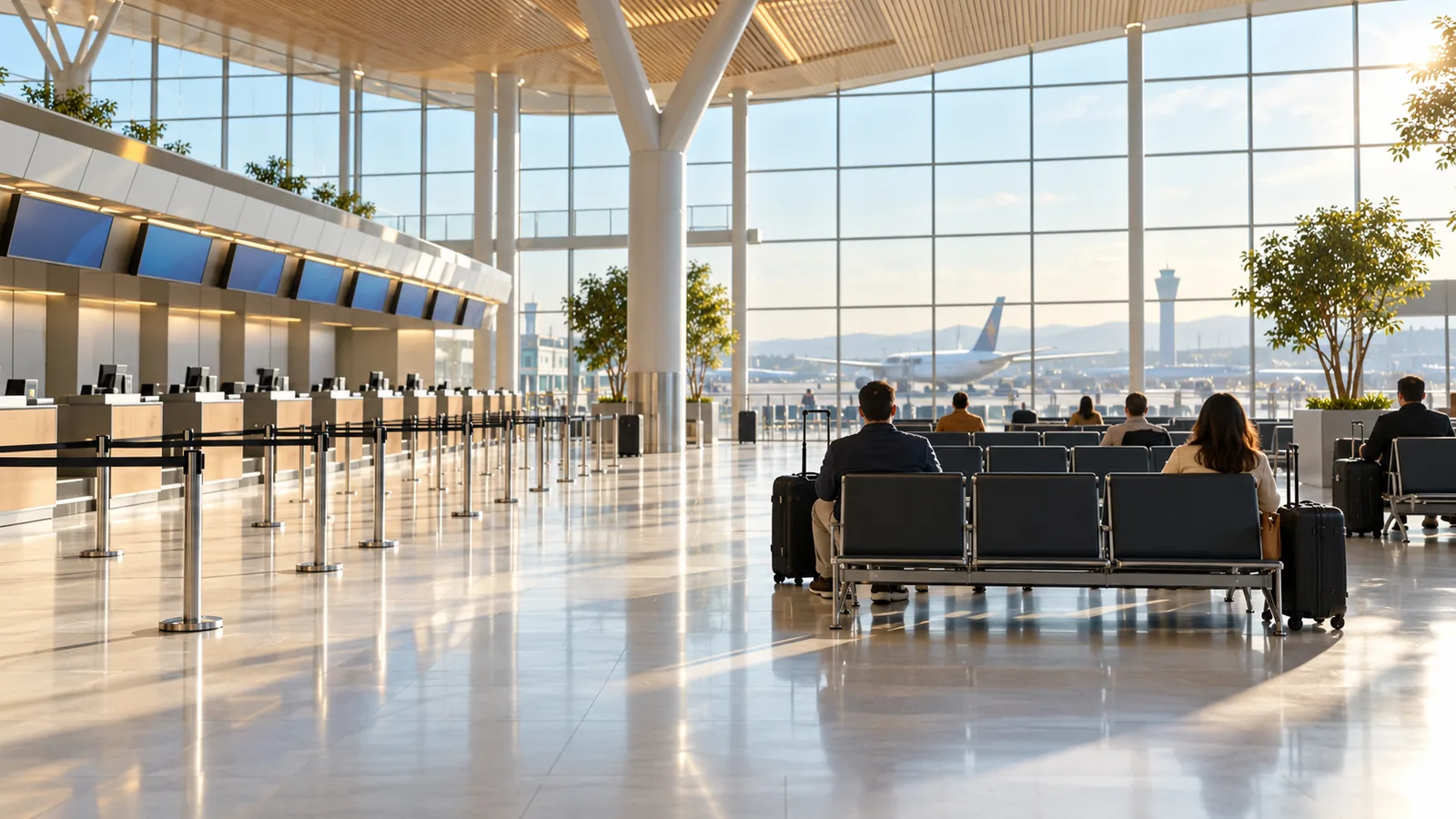 A daylit airport departure hall with empty check-in rows and distant seated travellers with luggage