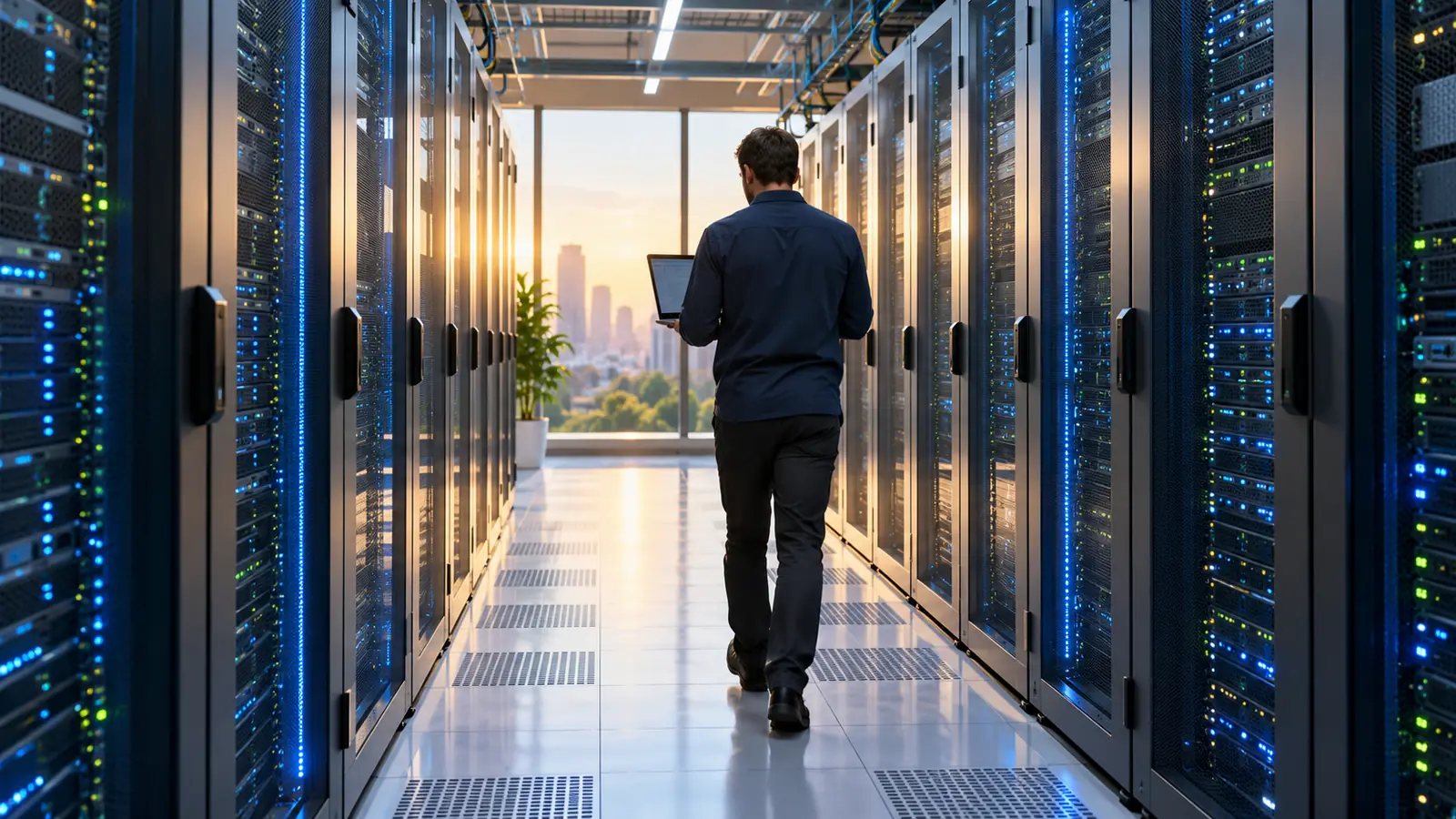 A bright data center aisle lit by sunlight from a tall window, with a technician carrying a laptop seen from behind