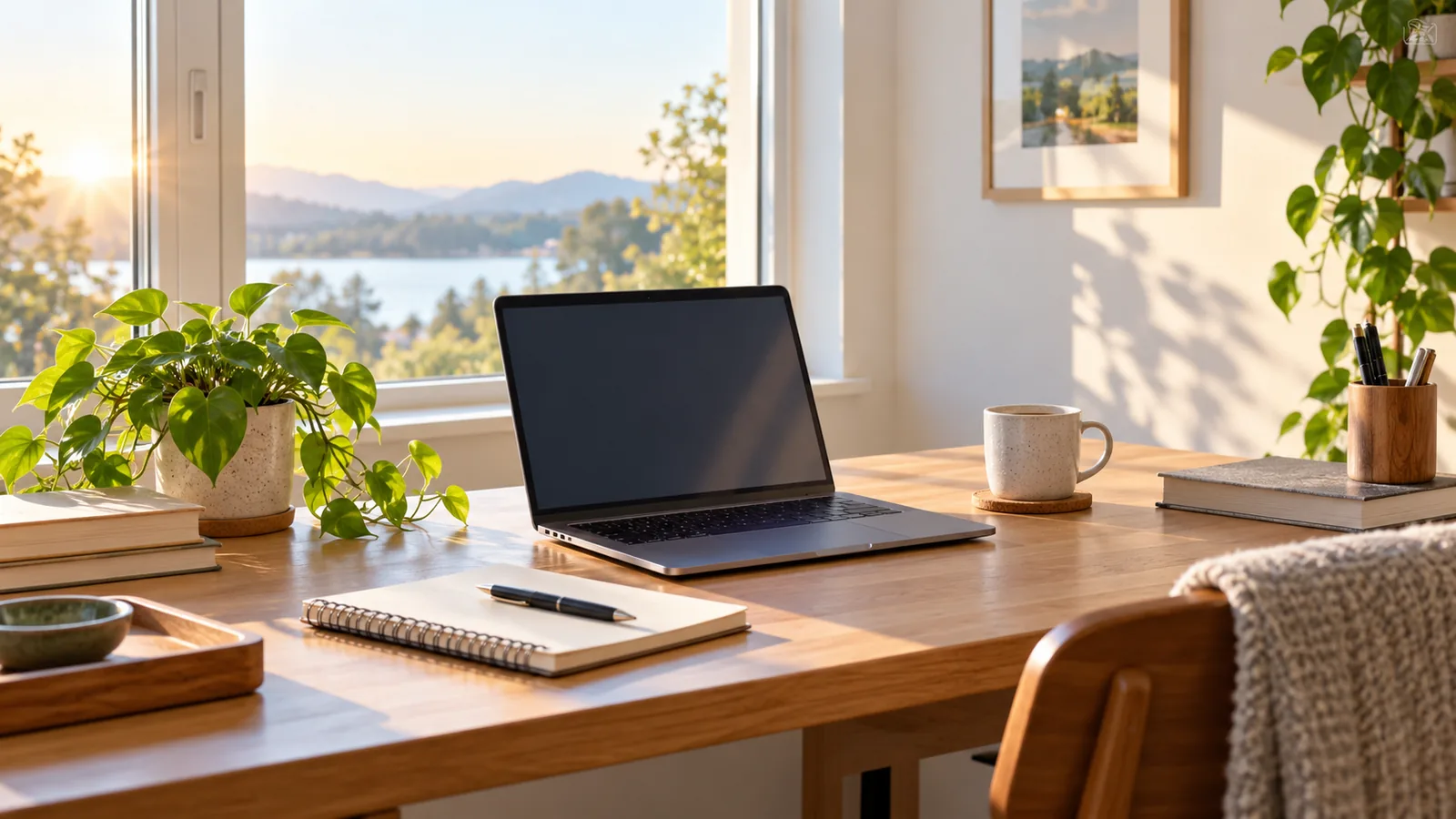 A tidy desk by a window in morning light, an open laptop, notebook, mug and a small plant