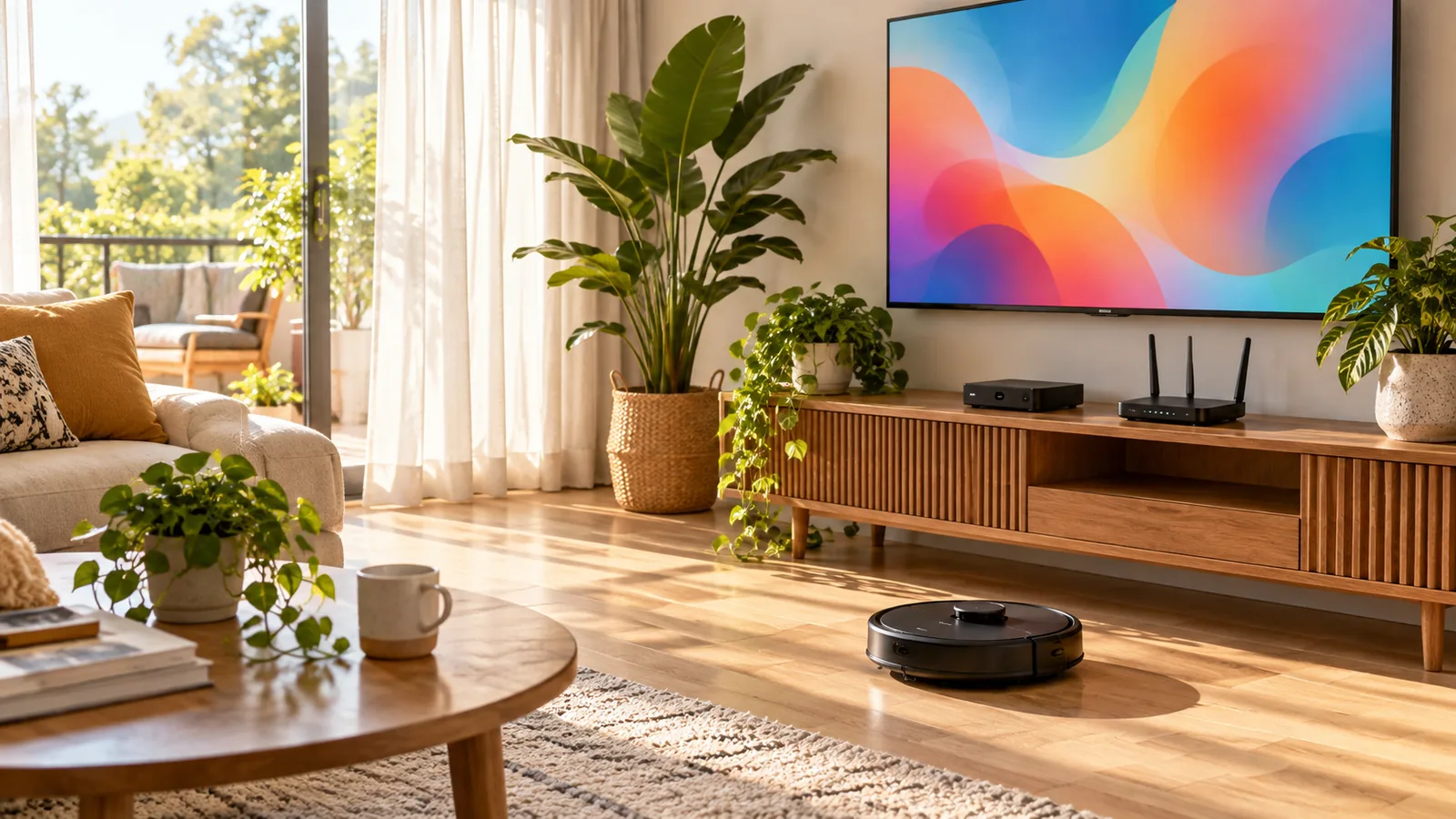 A set-top box and router on a shelf with a robot vacuum in a sunlit living room