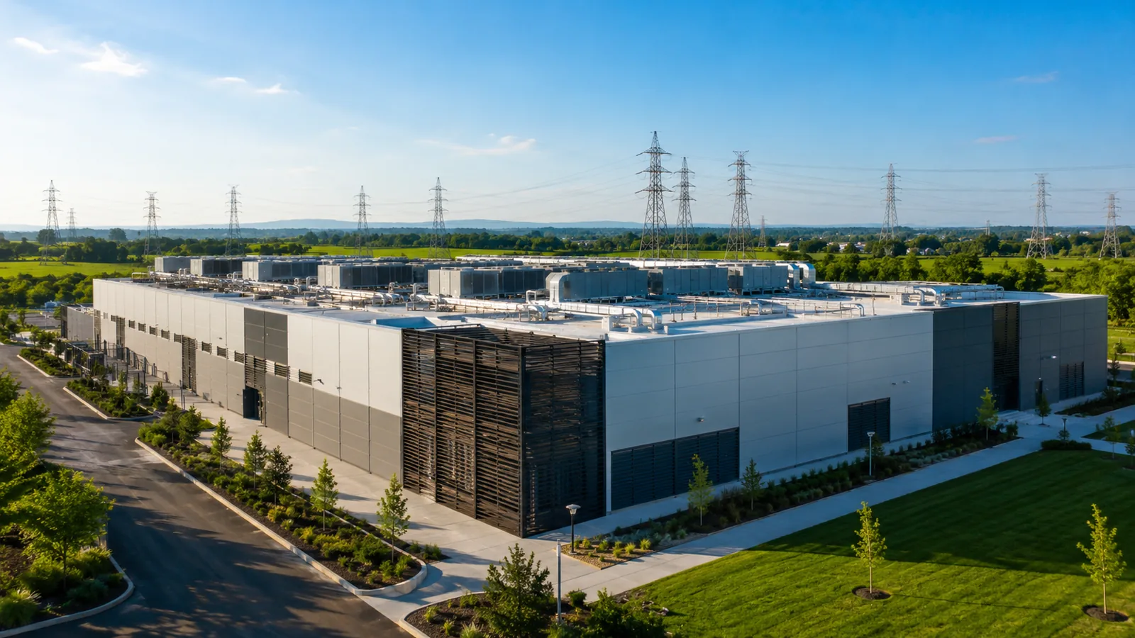 A modern datacenter exterior on a clear morning, transmission towers behind it