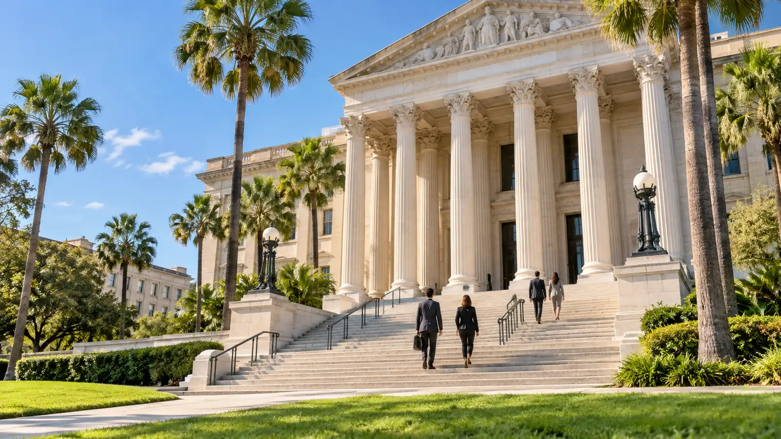 People seen from behind walking up courthouse steps in morning sun