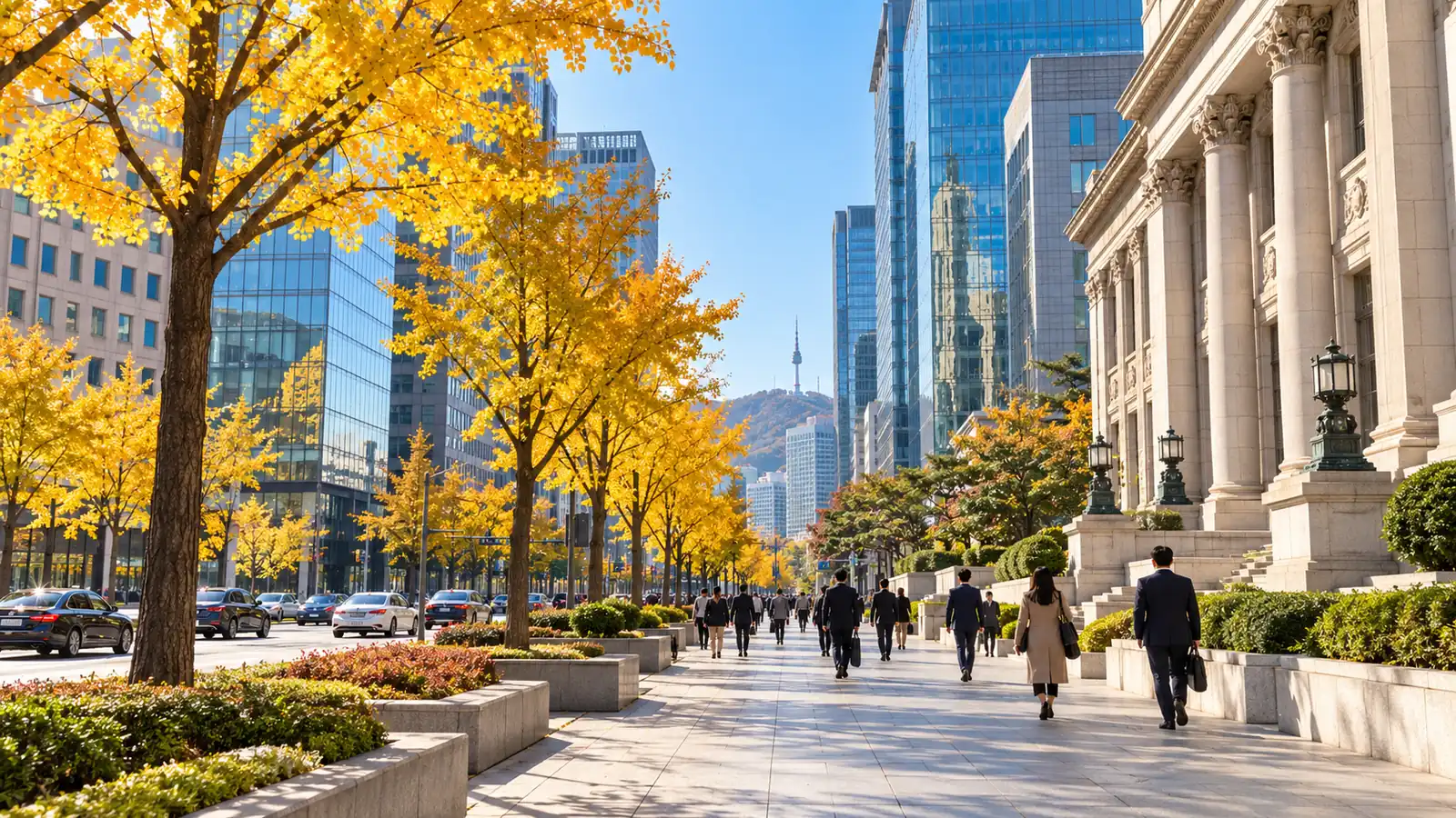 A Seoul financial district street lined with yellow ginkgo trees and a stone building