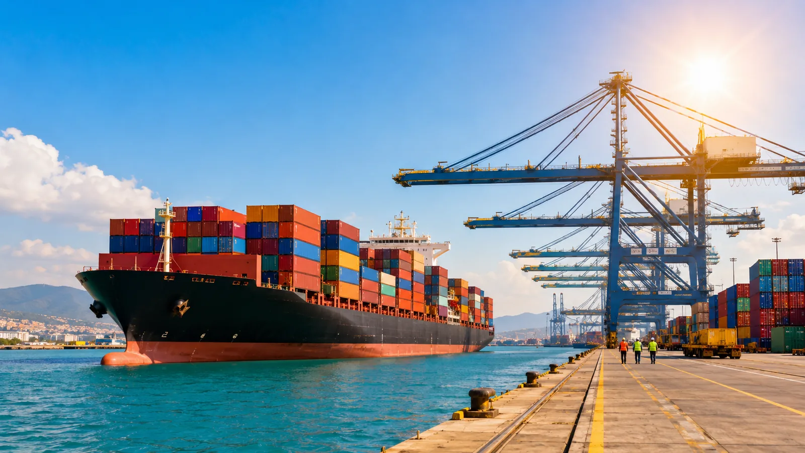 A commercial port at midday under a clear sky, a container vessel at berth with gantry cranes and calm turquoise water