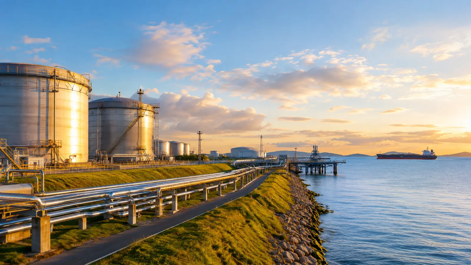 A coastal oil terminal at golden hour, silver storage tanks and pipelines along a calm blue bay with a tanker anchored offshore
