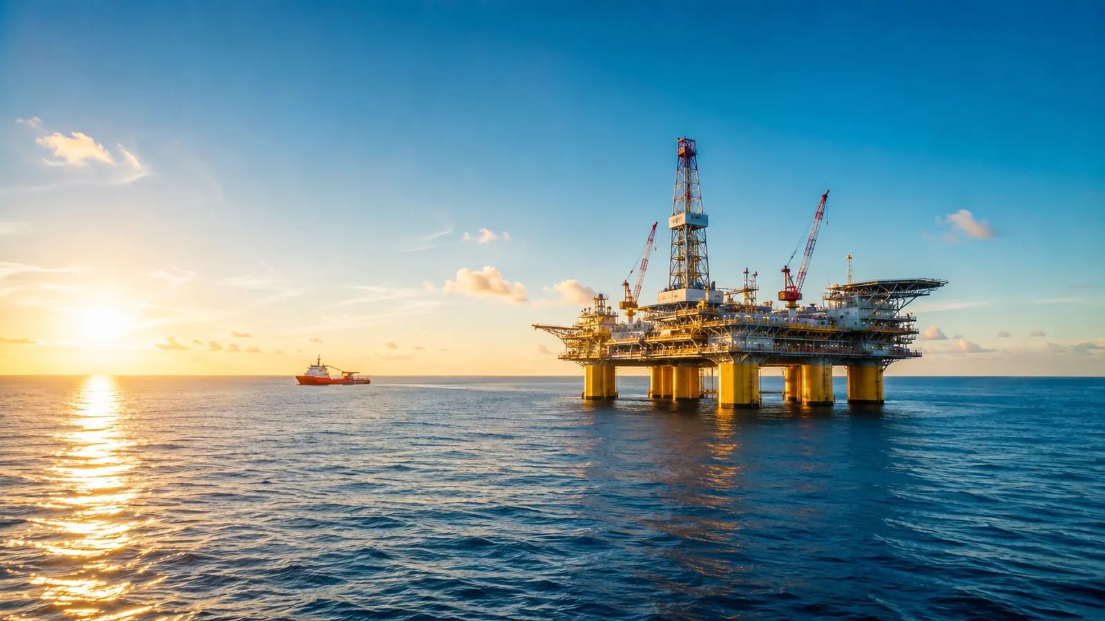 An offshore oil platform on calm blue sea under a clear morning sky, a supply vessel far off near the horizon