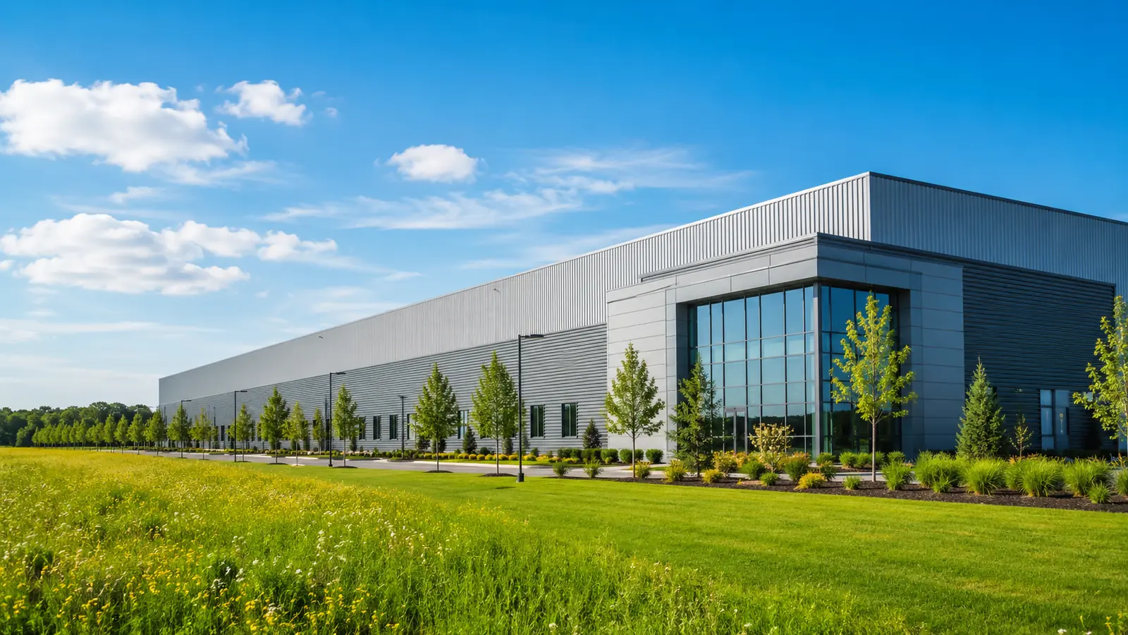 A large modern industrial building with metal cladding beside a wide sunlit field under a clear sky