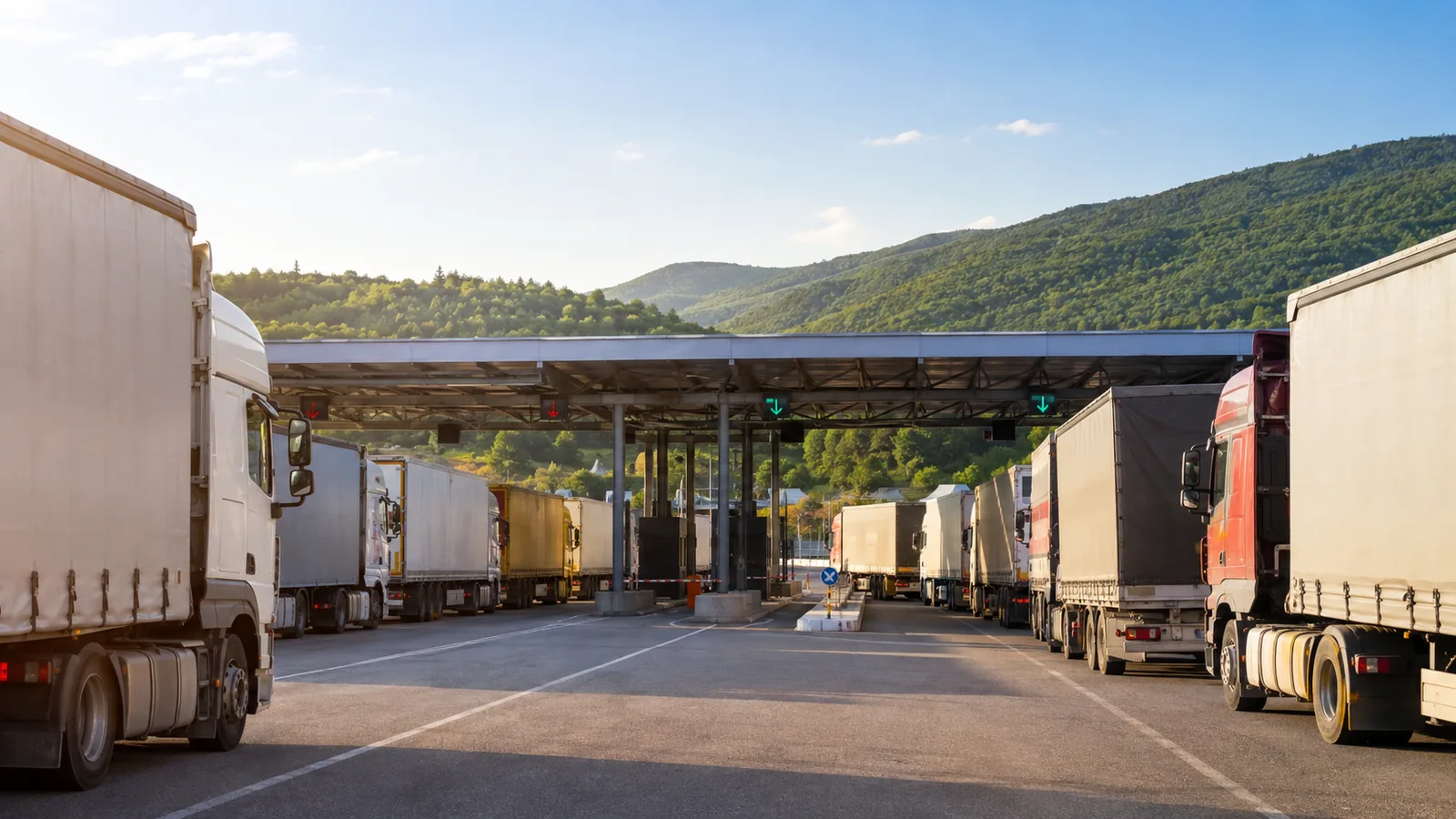 Rows of freight trucks queued at a road border crossing in warm morning light, with green hills behind
