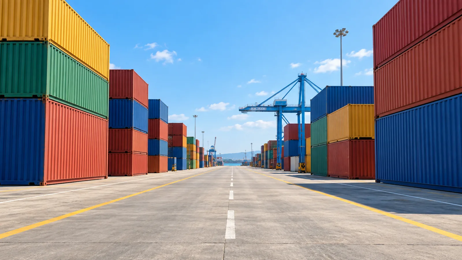 A border freight terminal at midday, colored containers stacked under a clear sky and a truck lane running to the horizon
