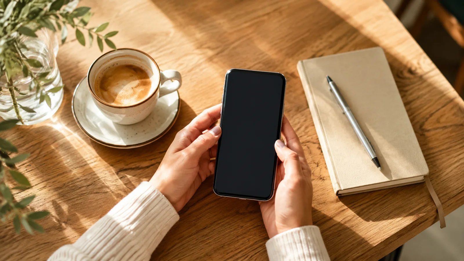Hands holding a smartphone at a sunlit cafe table seen from above, a coffee cup and notebook beside it