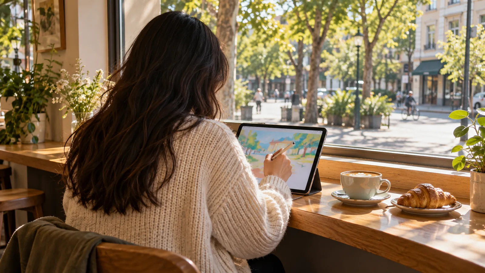 A person seen from behind making a picture on a tablet at a sunny cafe window