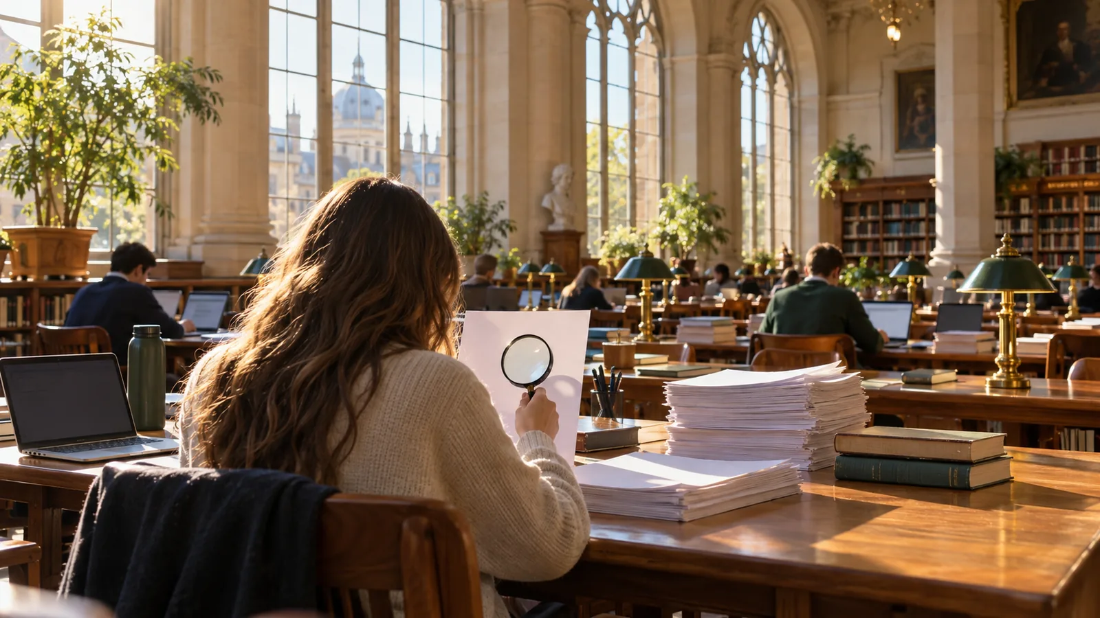 A student seen from behind examining a printed page with a magnifying glass in a sunlit European library