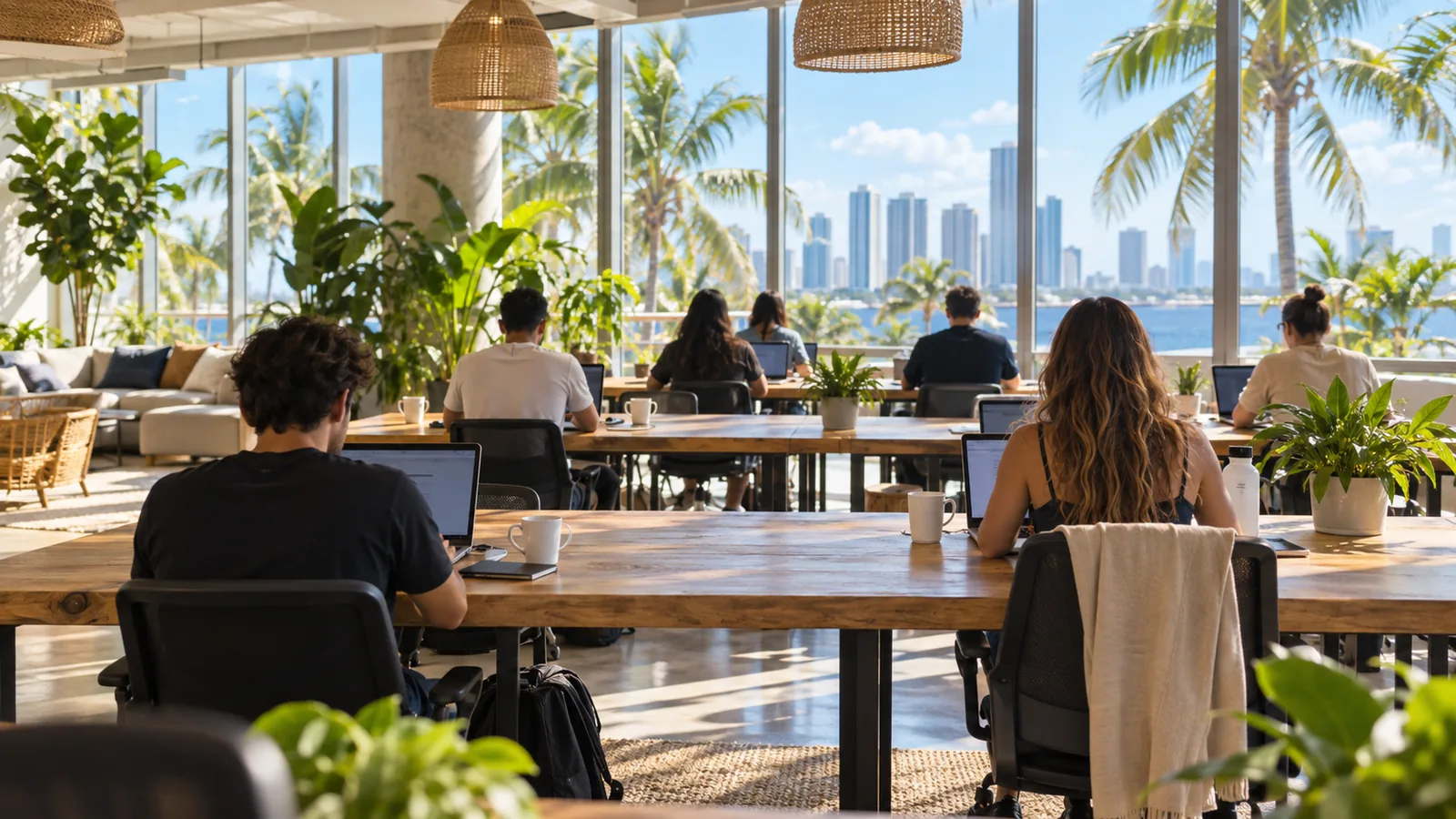Developers seen from behind working on laptops in a sunny coworking space in a tropical city