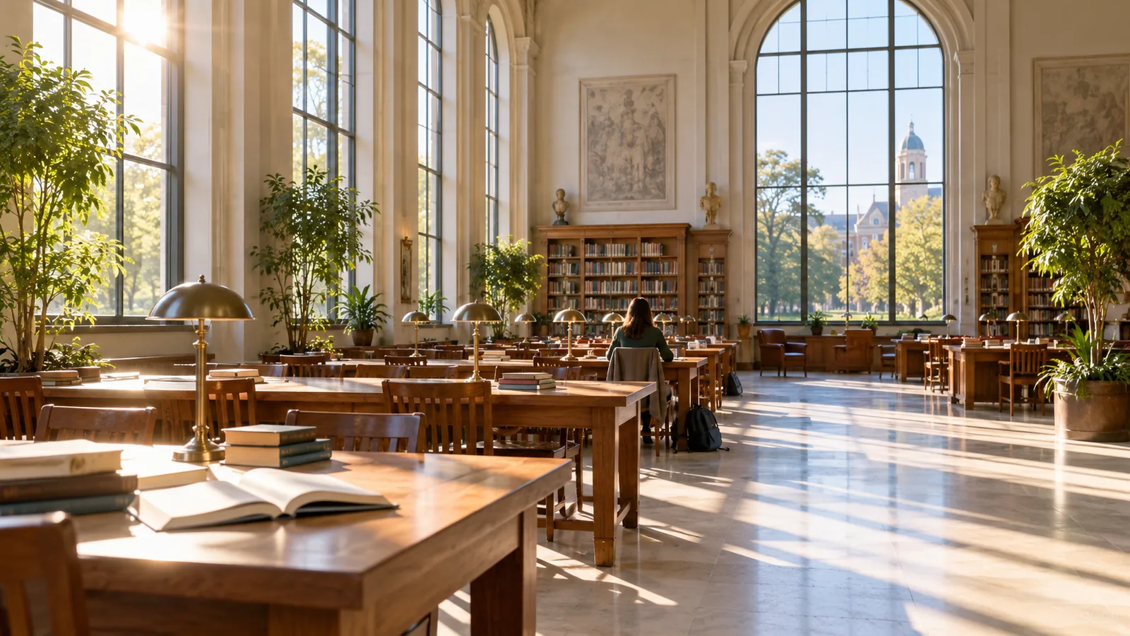 A sunlit university library reading room with long wooden tables, stacks of open books and a distant student seen from behind