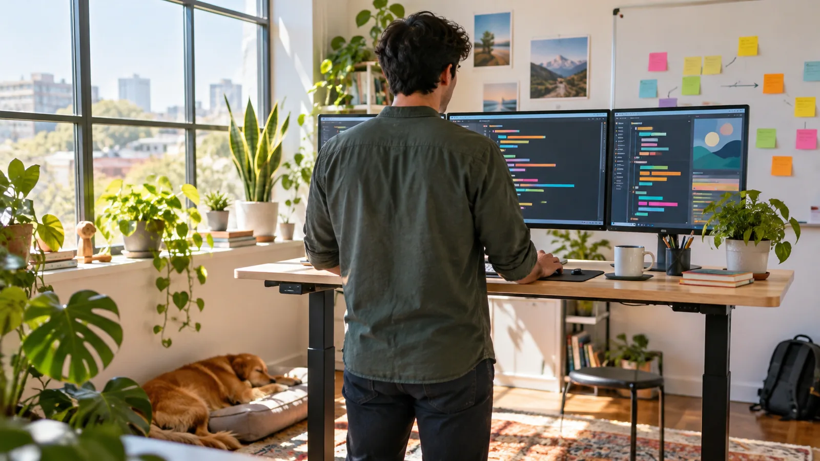 Developer seen from behind at a standing desk with two monitors in a sunny startup office