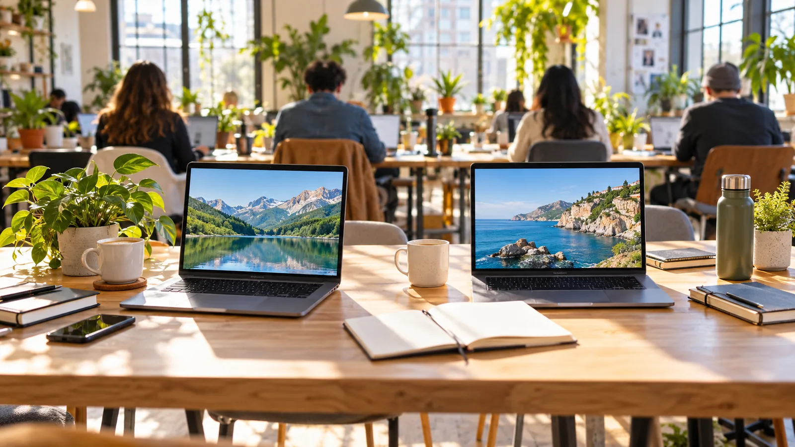 Two open laptops side by side on a long wooden table in a sunlit co-working space with coffee cups