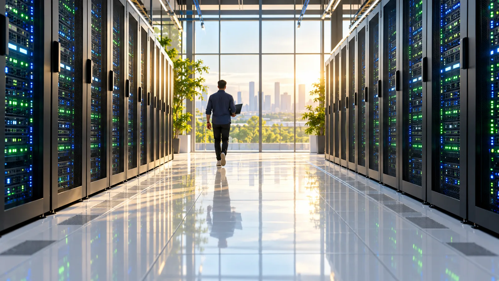 An engineer seen from behind walking down a sunlit data center aisle