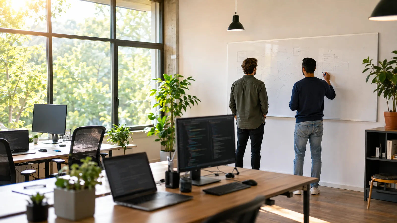 A sunlit software office, desks with laptops and two people at a whiteboard seen from behind