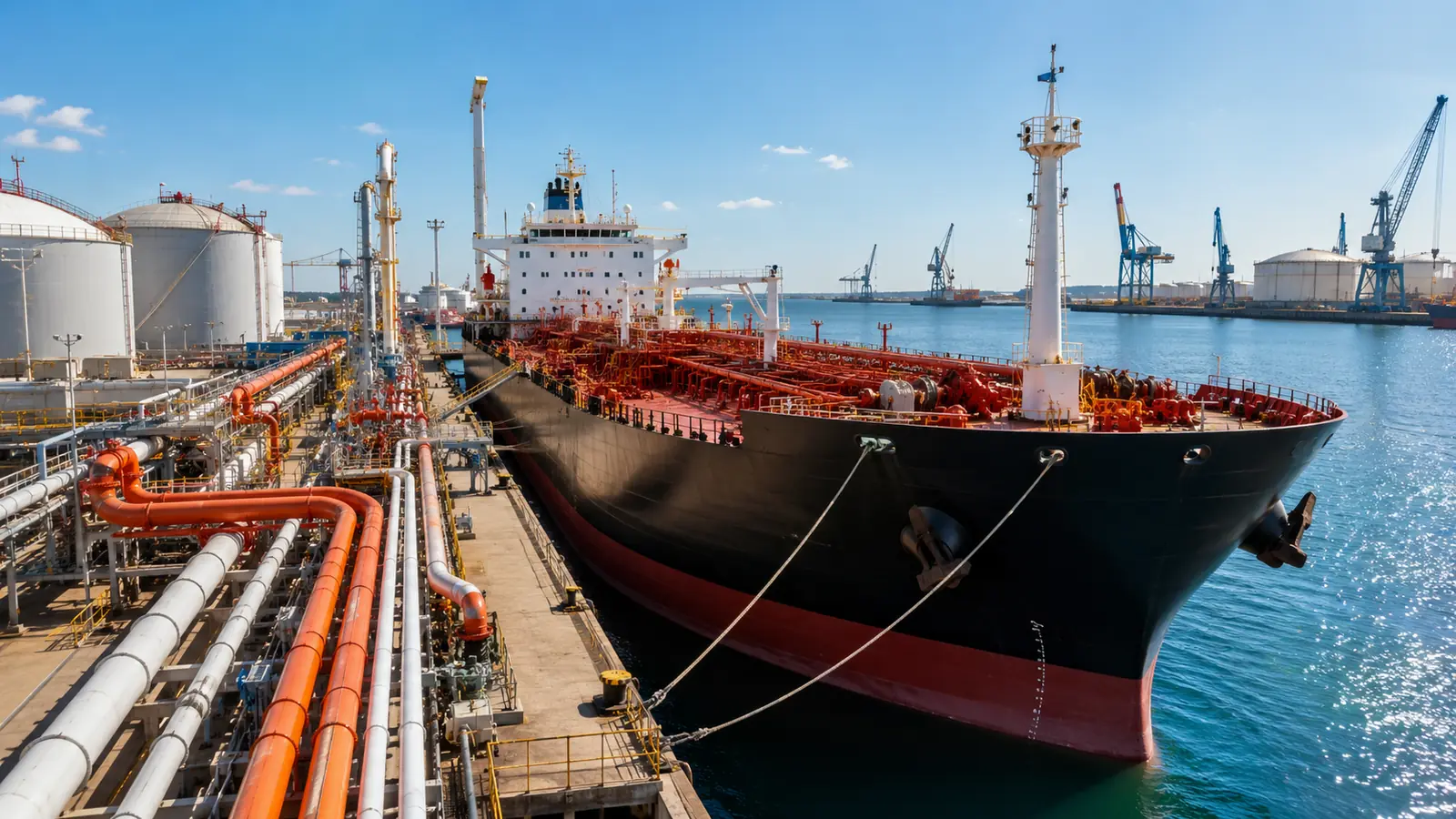 A port terminal at midday, a tanker berthed beside dockside pipelines