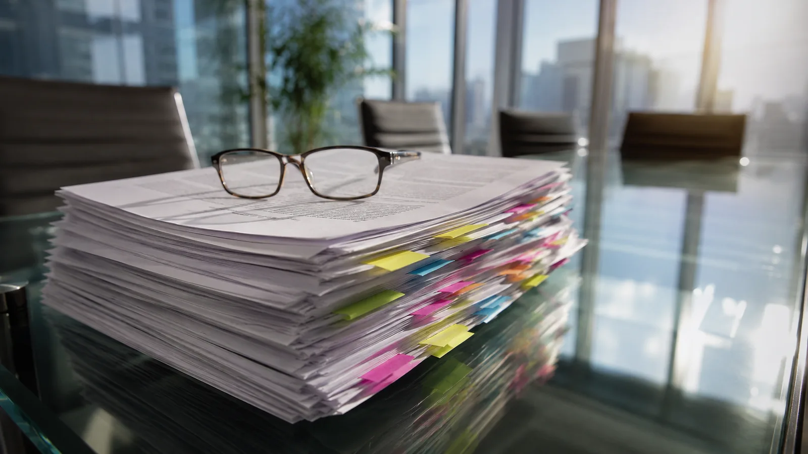 A stack of regulation documents dense with colored sticky tabs