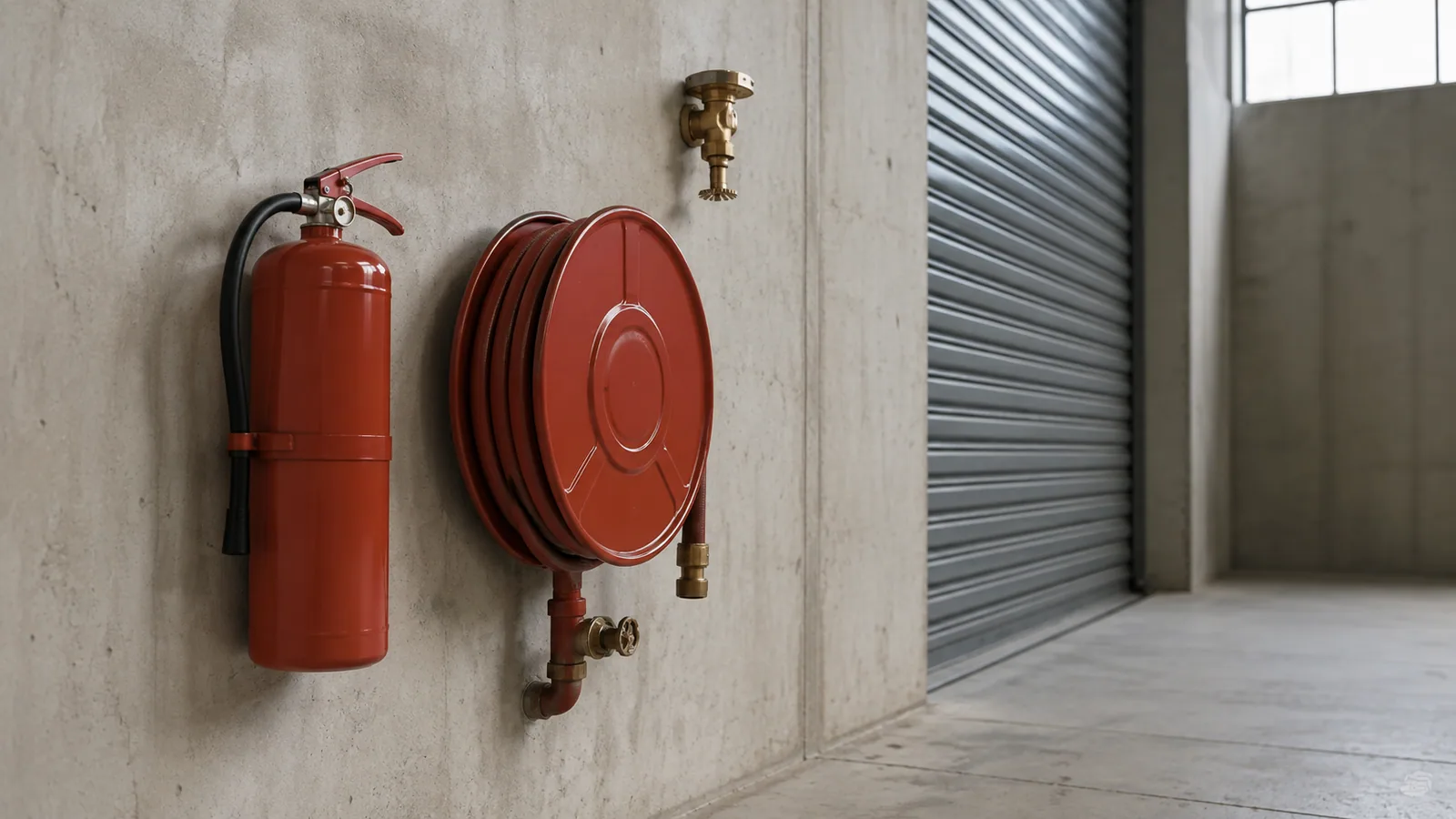 A fire extinguisher, hose reel and sprinkler head on a bare concrete factory wall beside a closed roller shutter