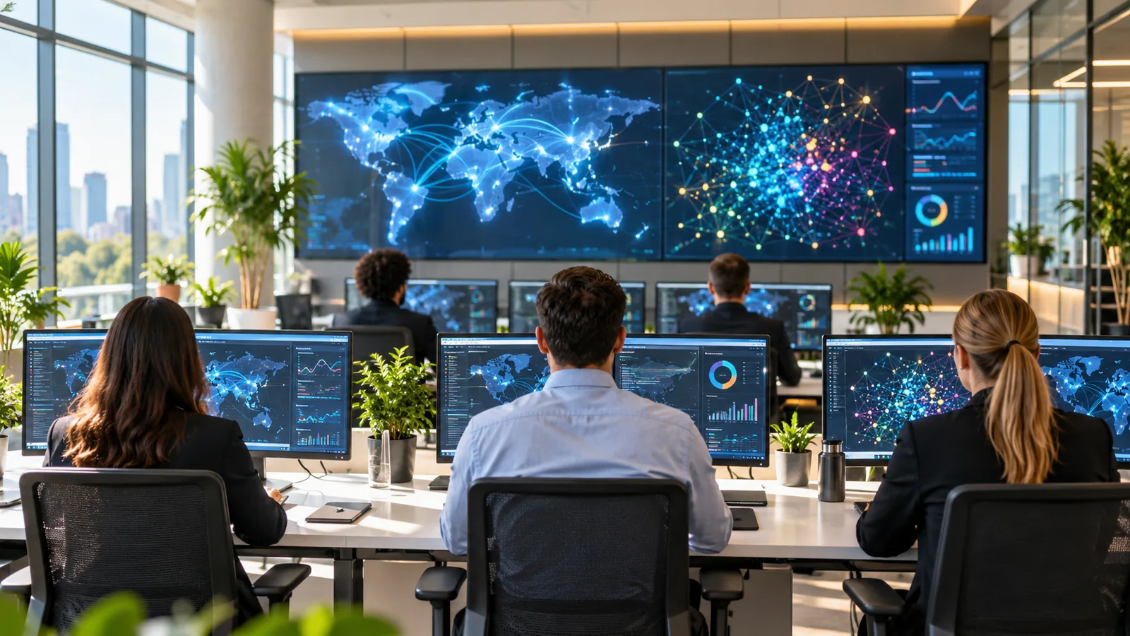 Analysts seen from behind watching large network-map screens in a sunlit security operations center