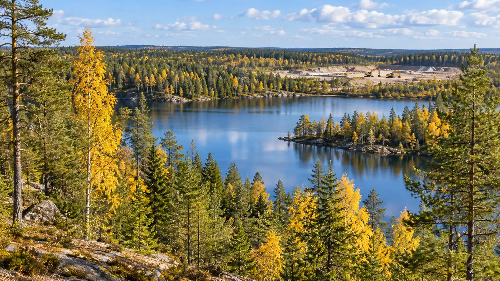 Finnish pine forest and lake on a sunny autumn day, idle excavators at a distant clearing