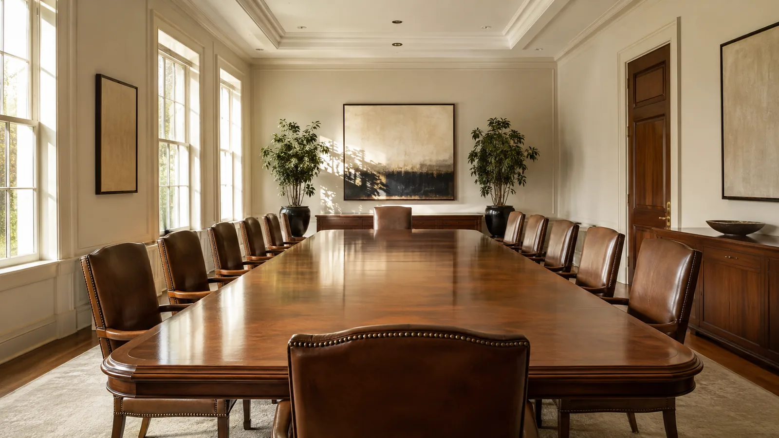 A large empty conference room with a long wooden table and rows of chairs in warm daylight