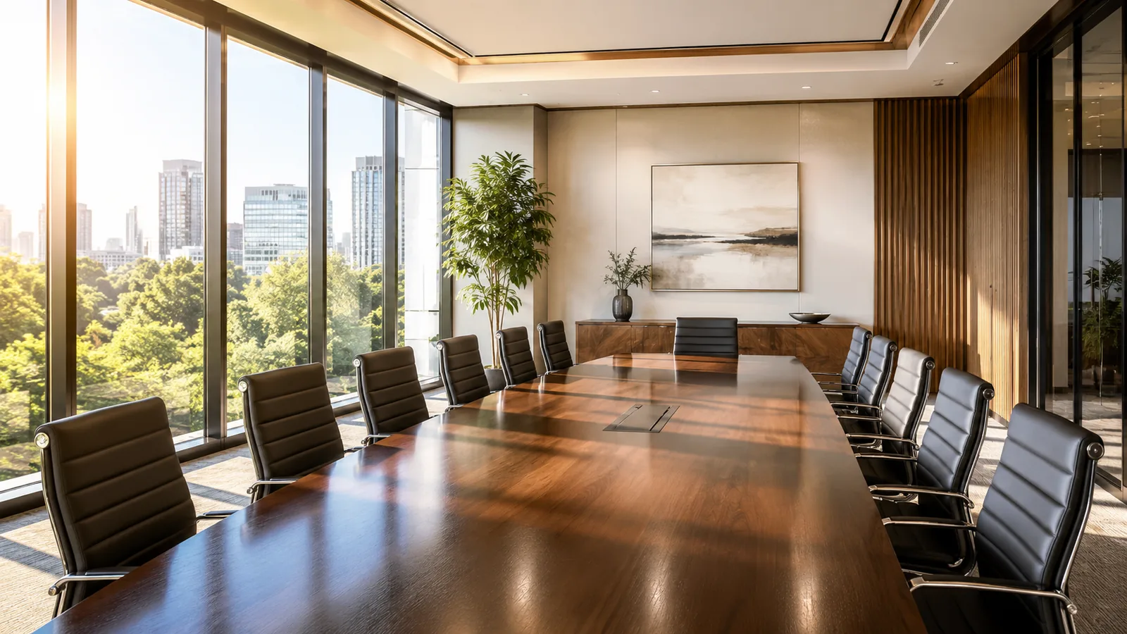 A wide sunlit boardroom in the morning, long polished table and evenly spaced empty chairs