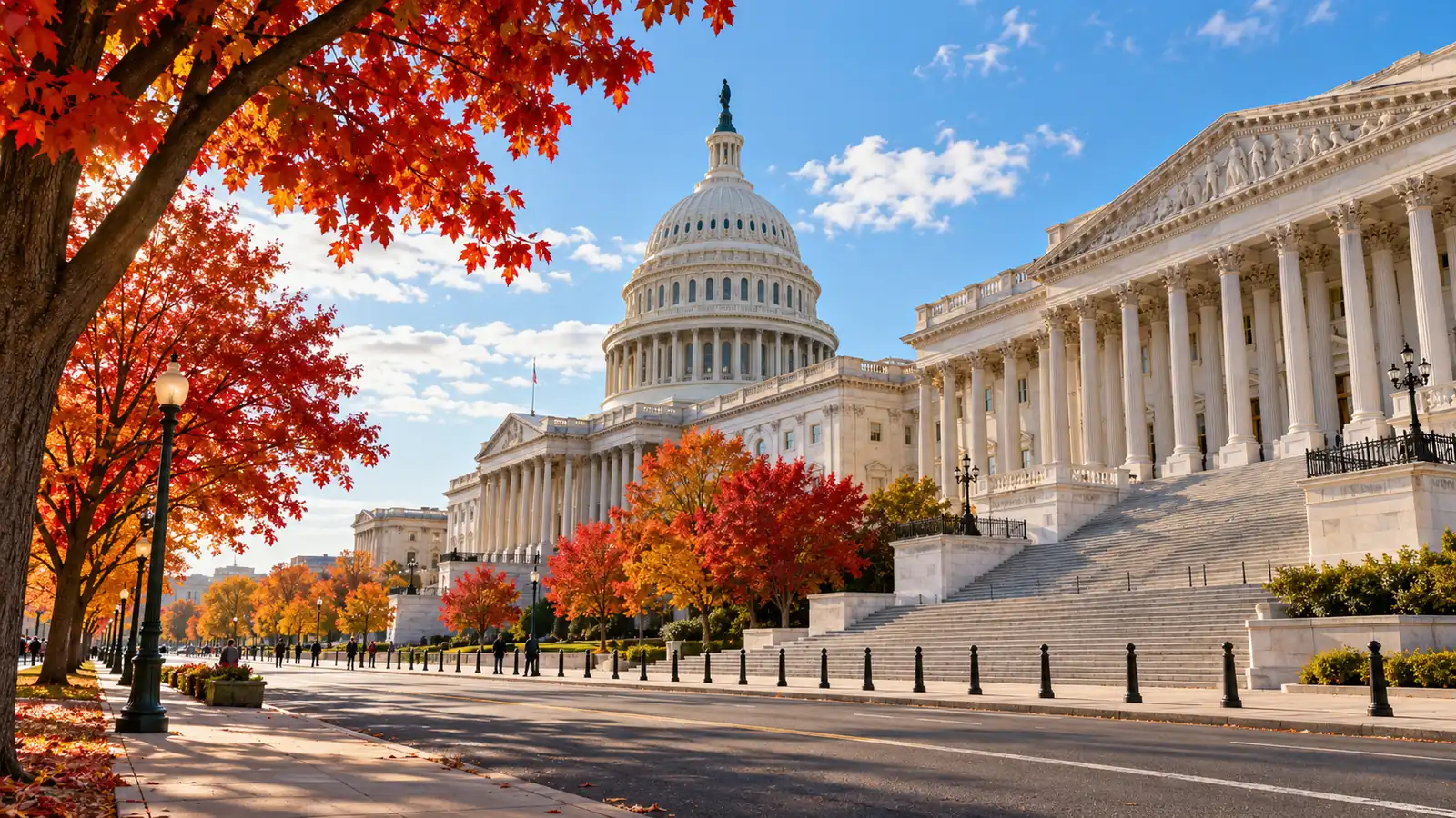 A white marble columned building in Washington framed by autumn trees