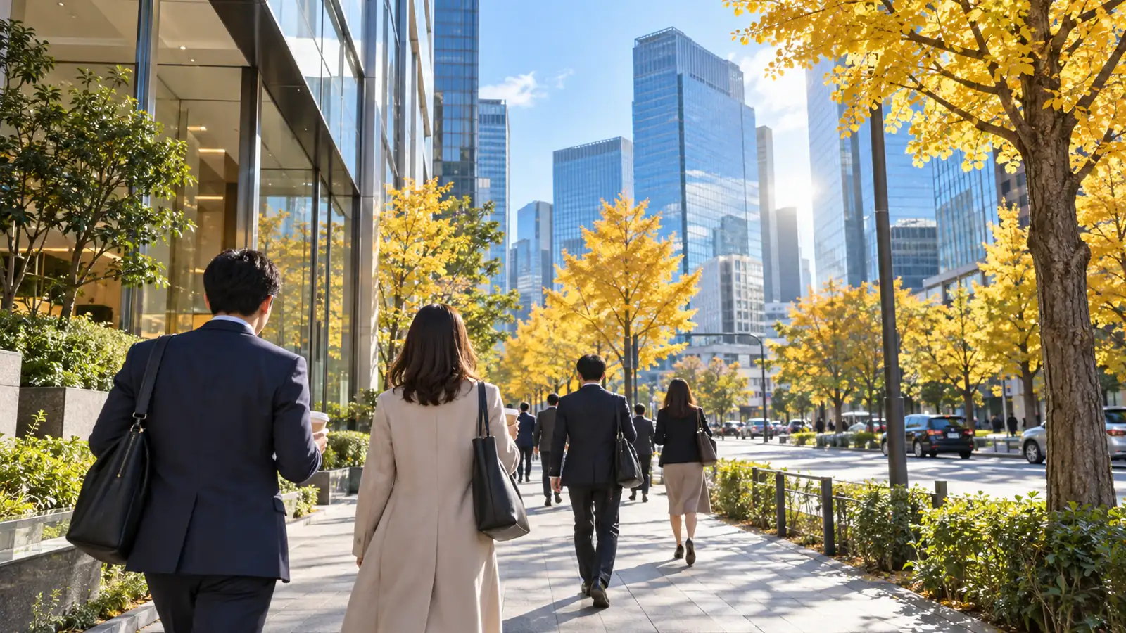 Office workers seen from behind on a Seoul financial district street lined with yellow ginkgo trees