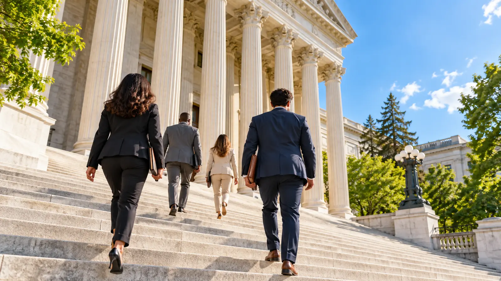 People seen from behind climbing the steps of a columned government building on a sunny day