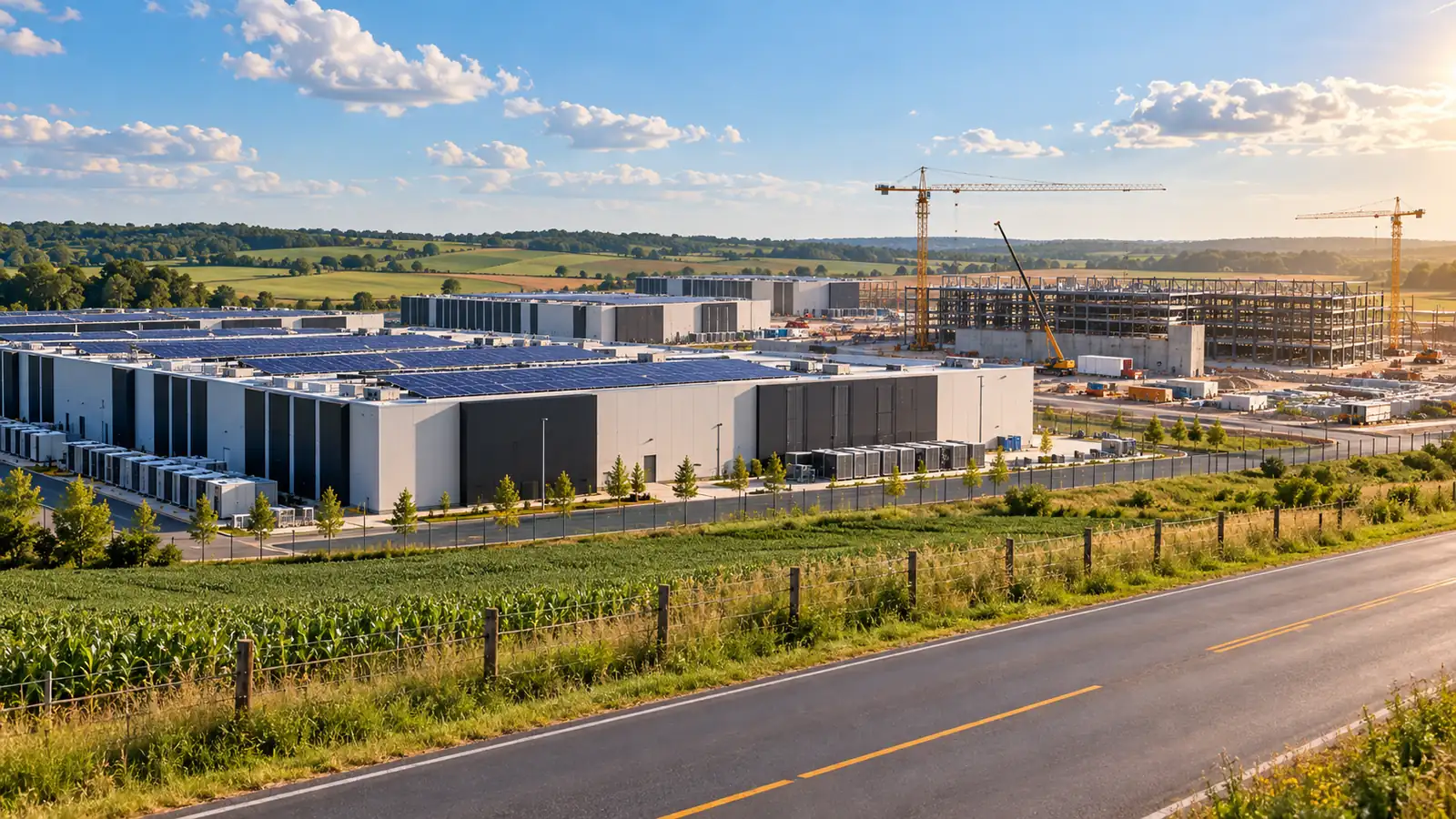 Finished and half-built data center buildings on farmland under a sunny sky