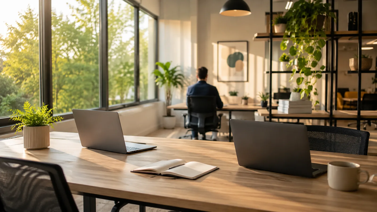 An open-plan office in warm afternoon light, laptops on a desk and trees outside the window