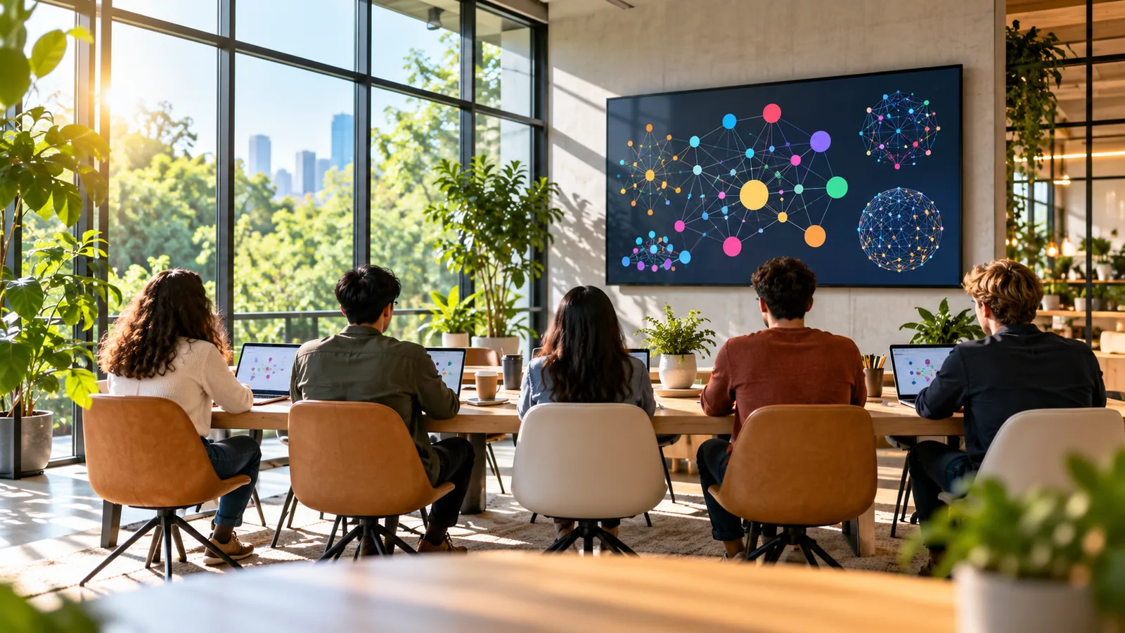 Engineers seen from behind gathered at a sunny office table in front of a large screen