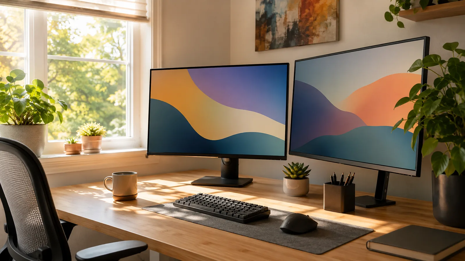 A tidy developer's desk by a sunlit window, two monitors angled together beside a green plant