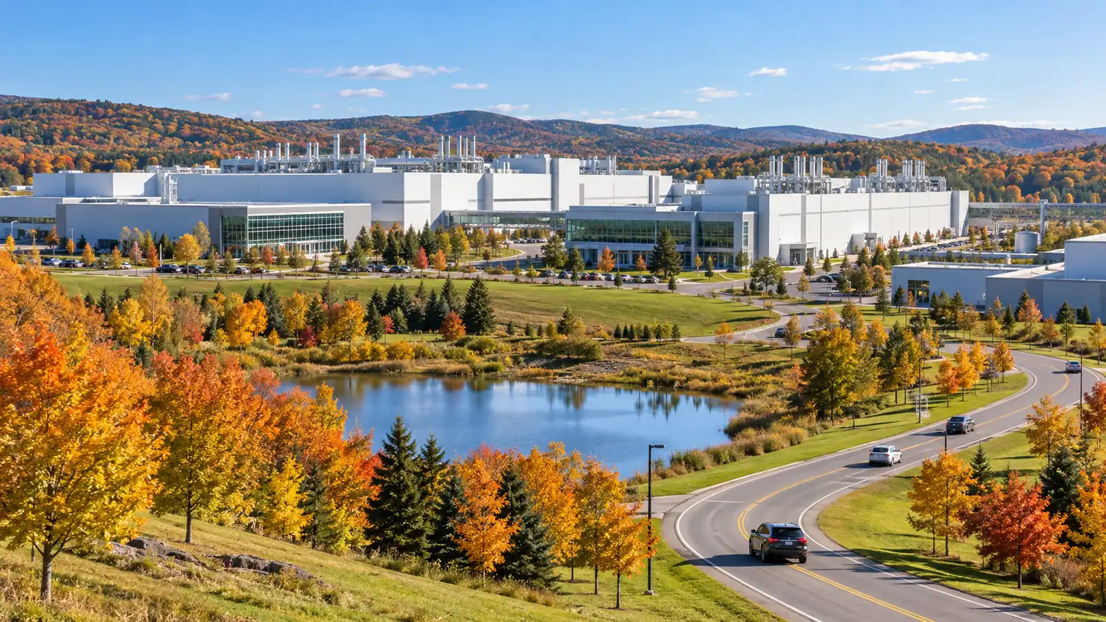 A large semiconductor fab campus among autumn trees on a clear day