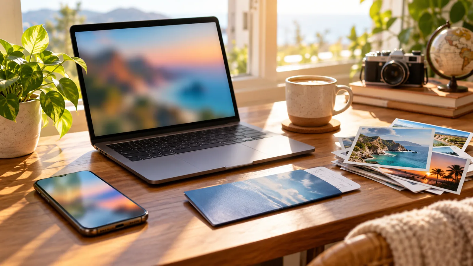 A laptop, phone and stack of vacation photos on a sunny morning desk