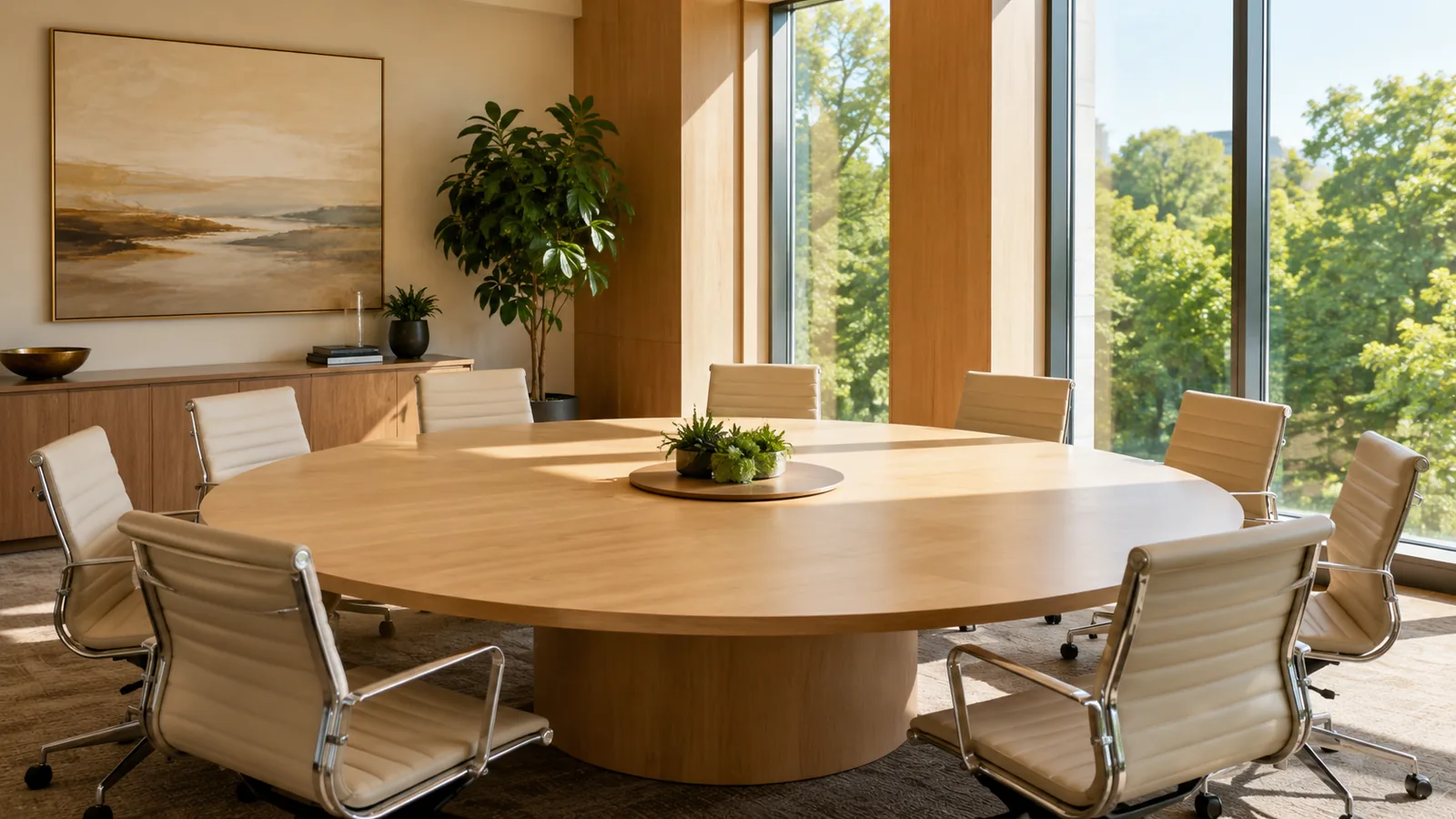 An empty round negotiating table in a sunlit conference room, evenly spaced chairs around pale wood