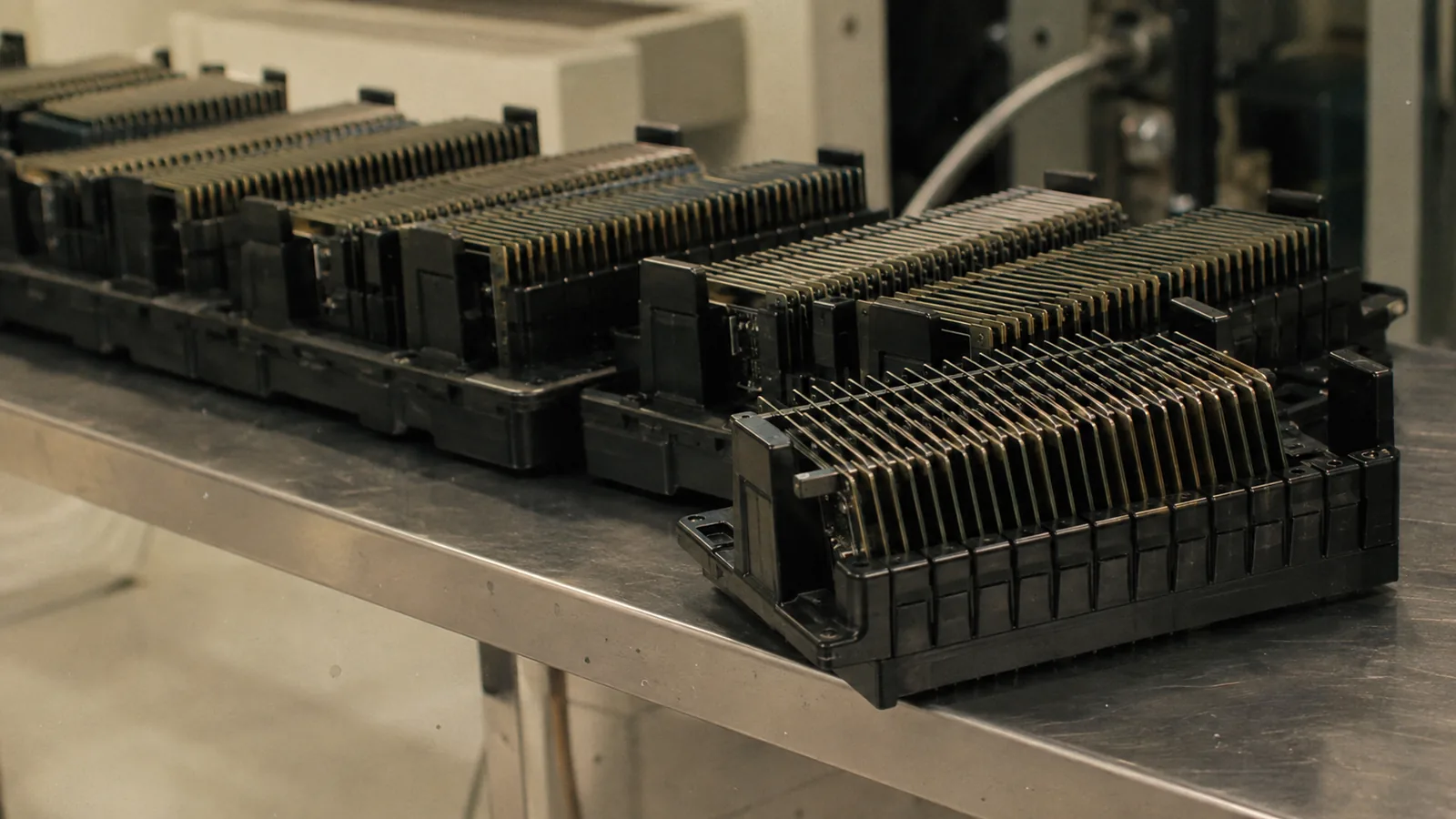 A wide short bridge of stacked silicon slabs carrying dense parallel traces beside a long narrow empty channel