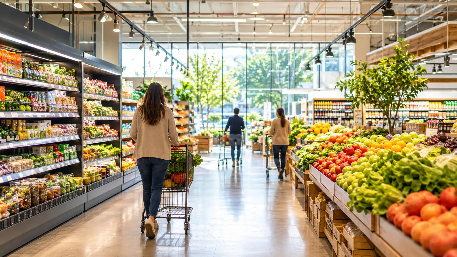 A brightly lit supermarket with fully stocked aisles and shoppers seen from behind