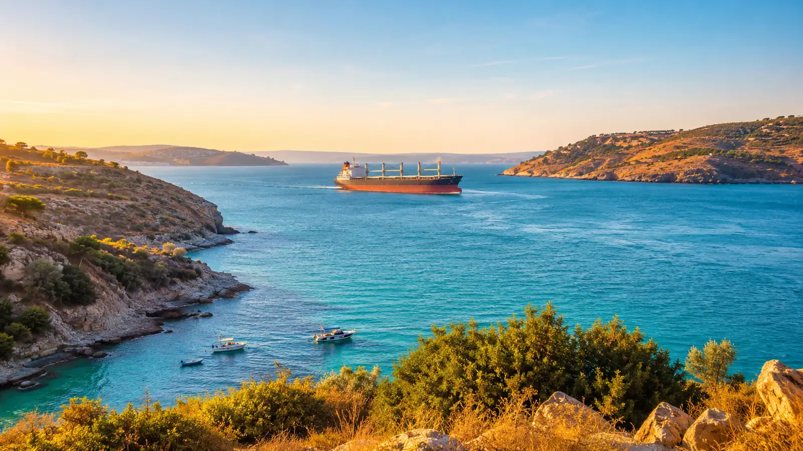 A sunlit strait at golden hour, a large vessel passing between rocky headlands